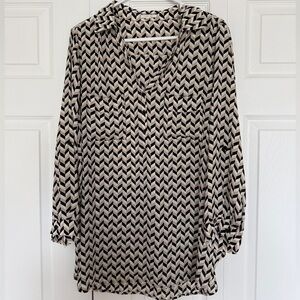 Pleione Chevron Print Blouse Size L Roll Tab Sleeve V Neck Top